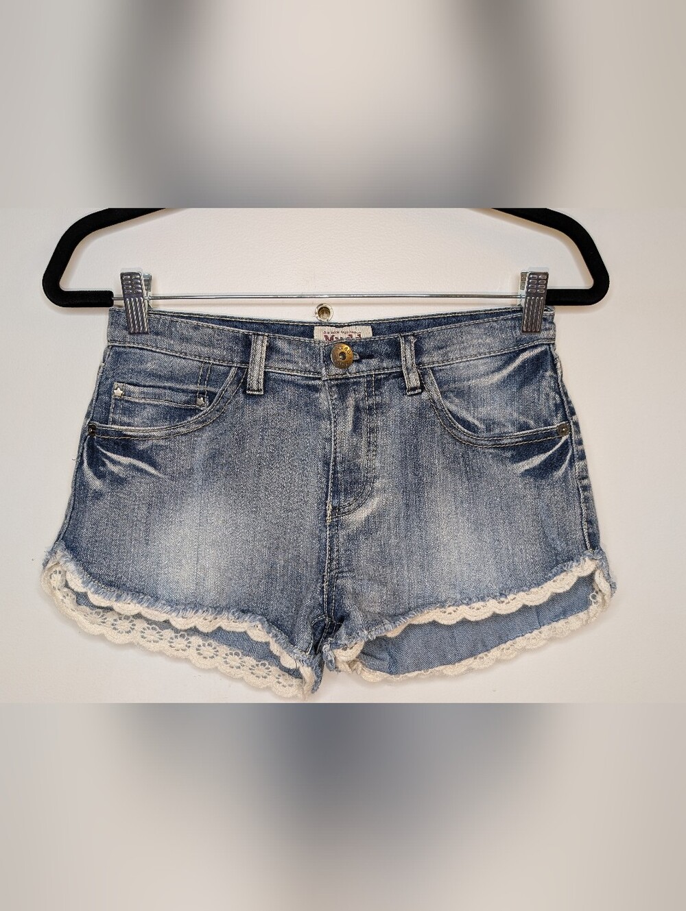 Y2K Mudd Light Blue Denim Shorts with Cream Lace Trim